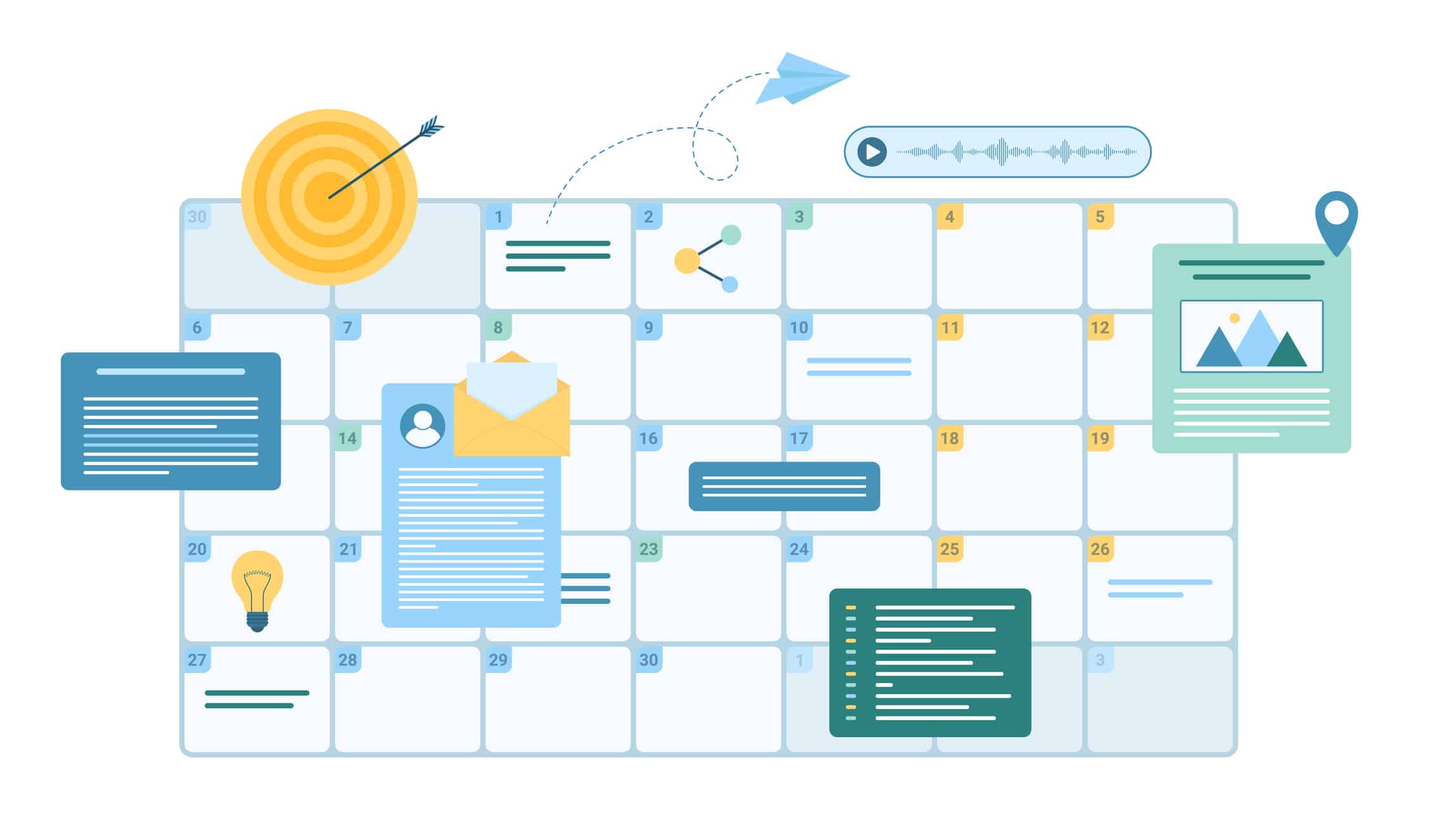 Business planning in online calendar vector illustration. Cartoon isolated digital schedule organizer with reminder of deadline and special date with notification, appointment and meeting, voice notes