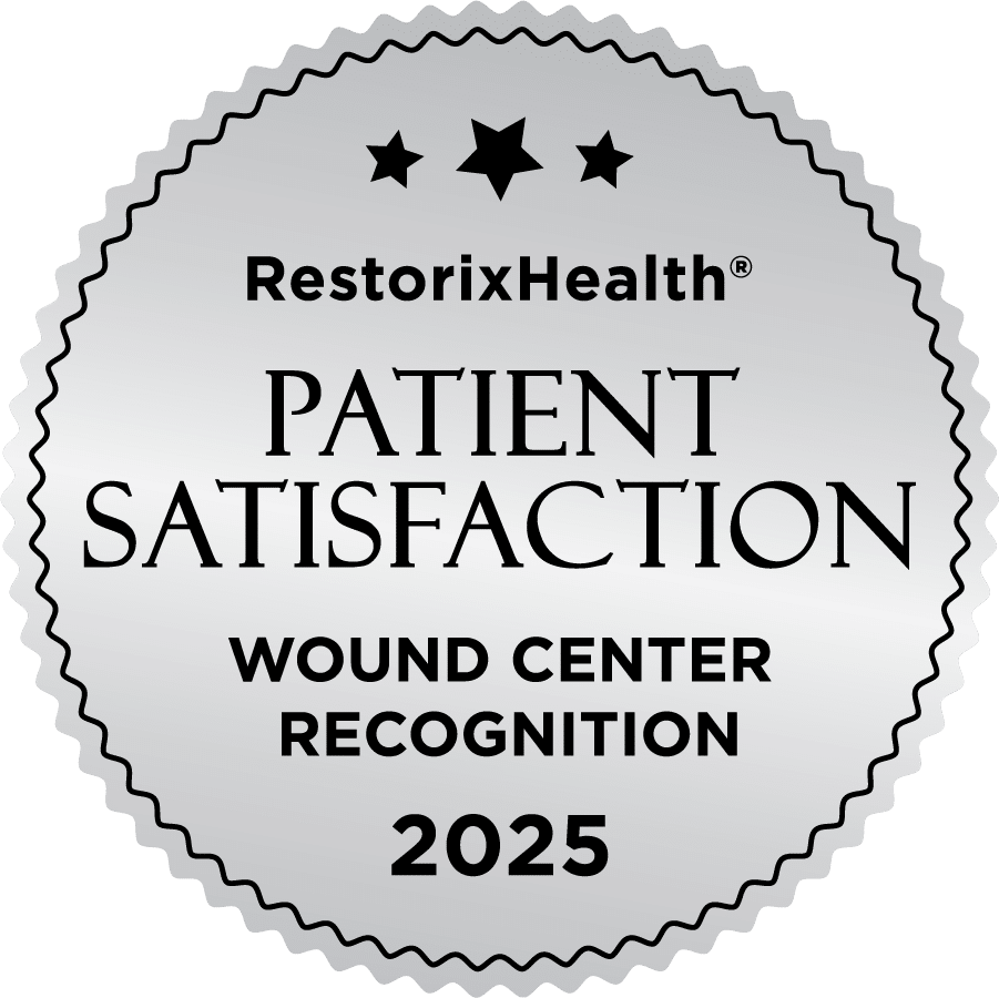 RestorixHealth 2025 Patient Satisfaction Wound Center Recognition badge featuring a silver seal with three stars at the top.