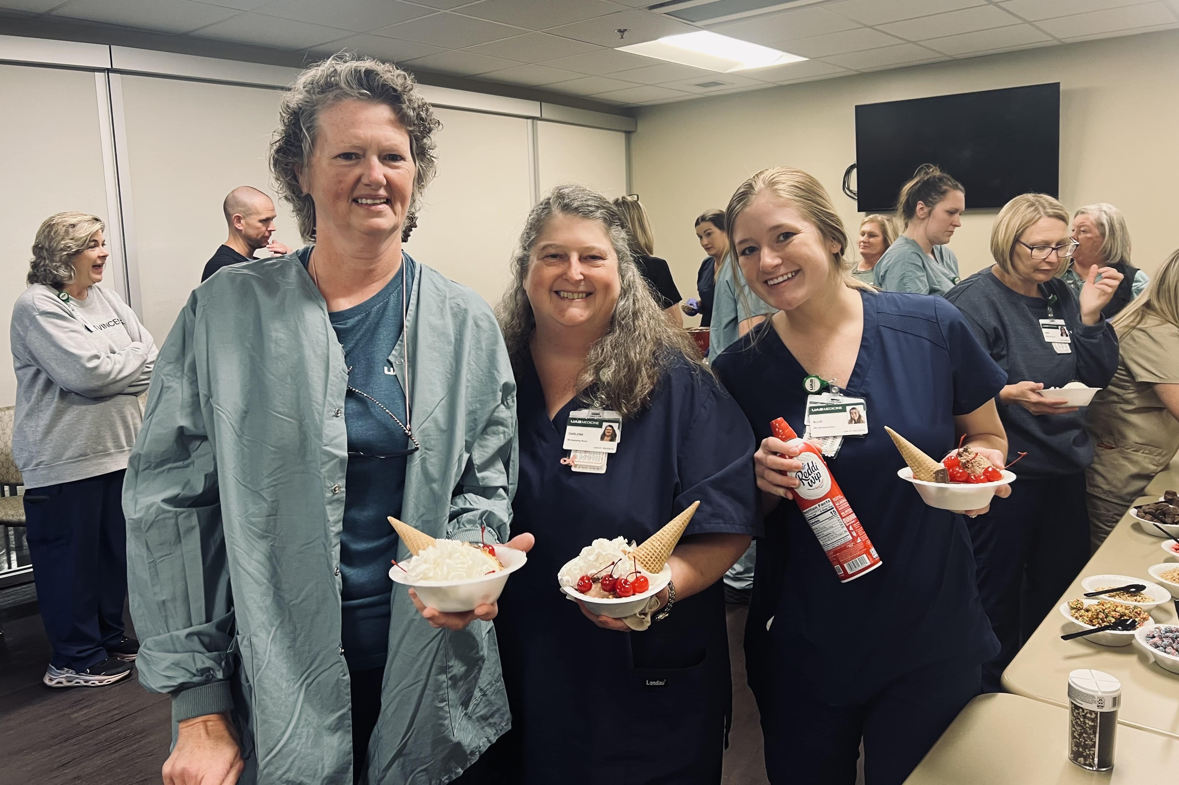 Hospital staff at UAB St. Vincent’s Chilton gather for an ice cream celebration recognizing fiscal year 2025 accomplishments and staff achievements in Clanton, Alabama.