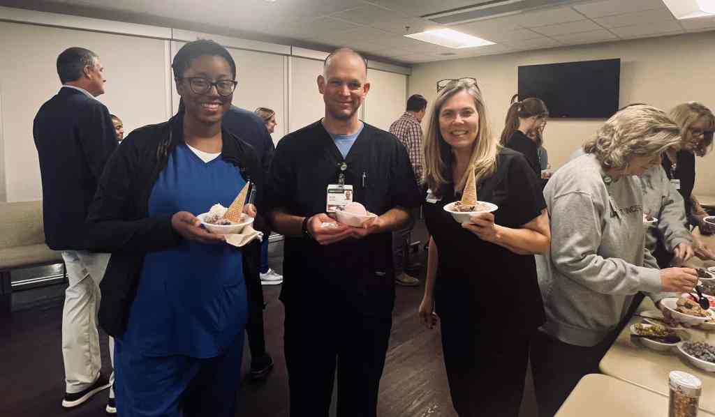 Hospital staff at UAB St. Vincent’s Chilton gather for an ice cream celebration recognizing fiscal year 2025 accomplishments and staff achievements in Clanton, Alabama.