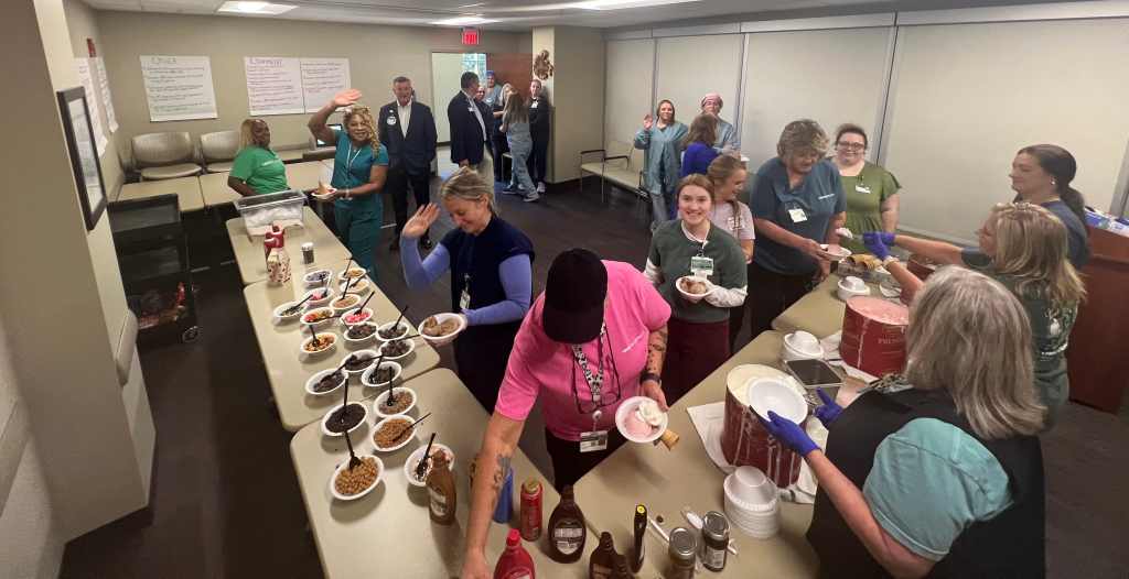 Hospital staff at UAB St. Vincent’s Chilton gather for an ice cream celebration recognizing fiscal year 2025 accomplishments and staff achievements in Clanton, Alabama.
