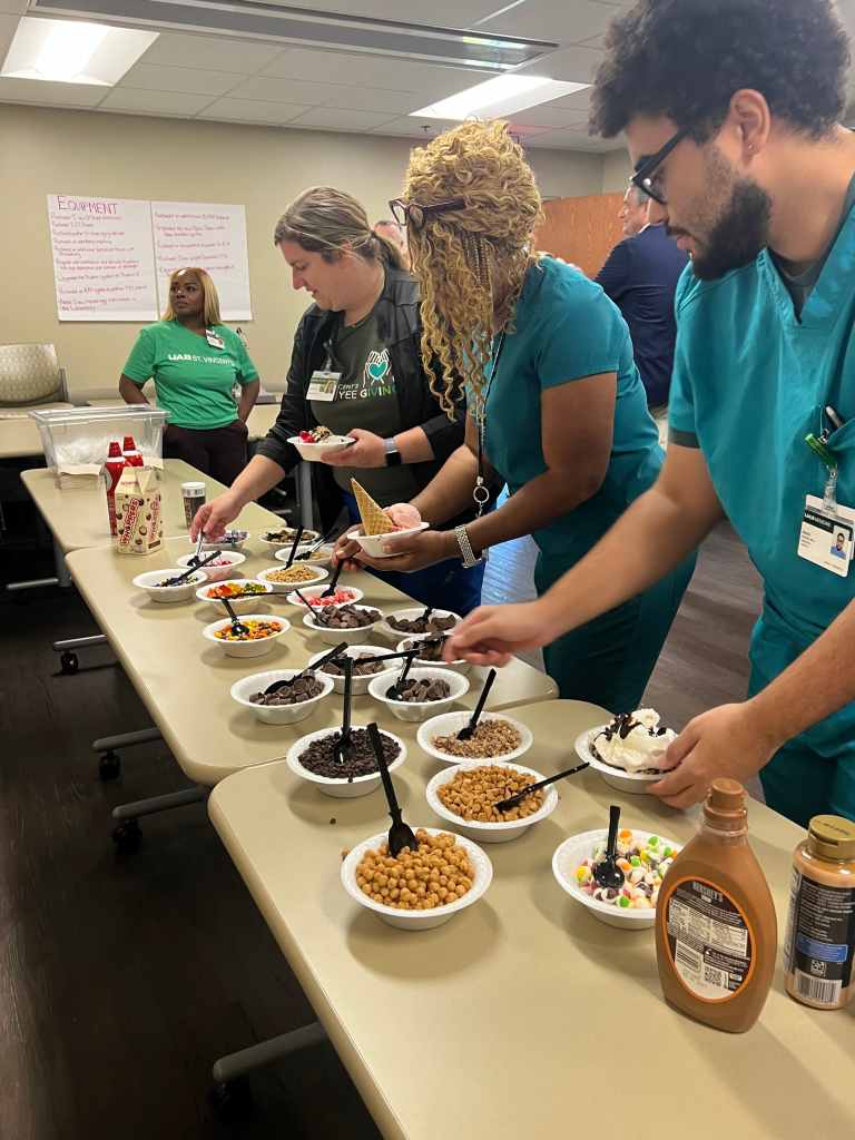 Hospital staff at UAB St. Vincent’s Chilton gather for an ice cream celebration recognizing fiscal year 2025 accomplishments and staff achievements in Clanton, Alabama.