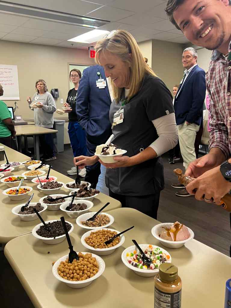 Hospital staff at UAB St. Vincent’s Chilton gather for an ice cream celebration recognizing fiscal year 2025 accomplishments and staff achievements in Clanton, Alabama.