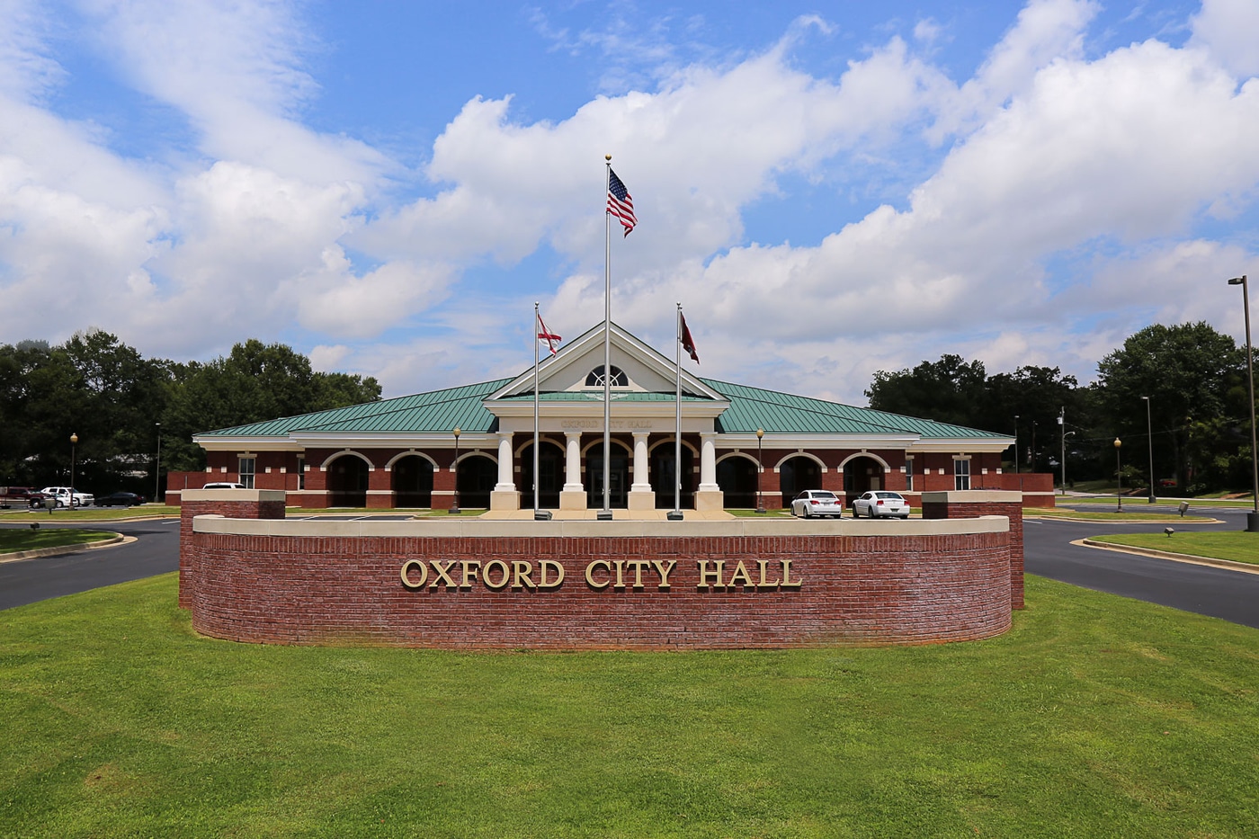 External view of Oxford City Hall entrance and building in Oxford, Alabama