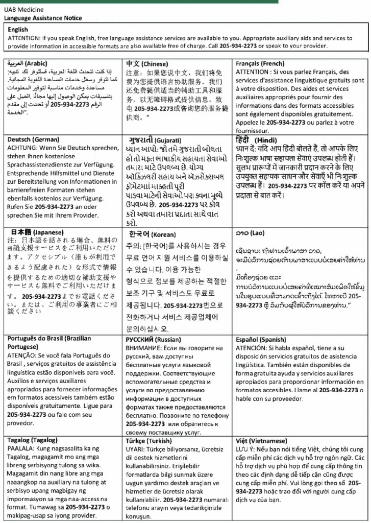 UAB St. Vincent's Available Language Services