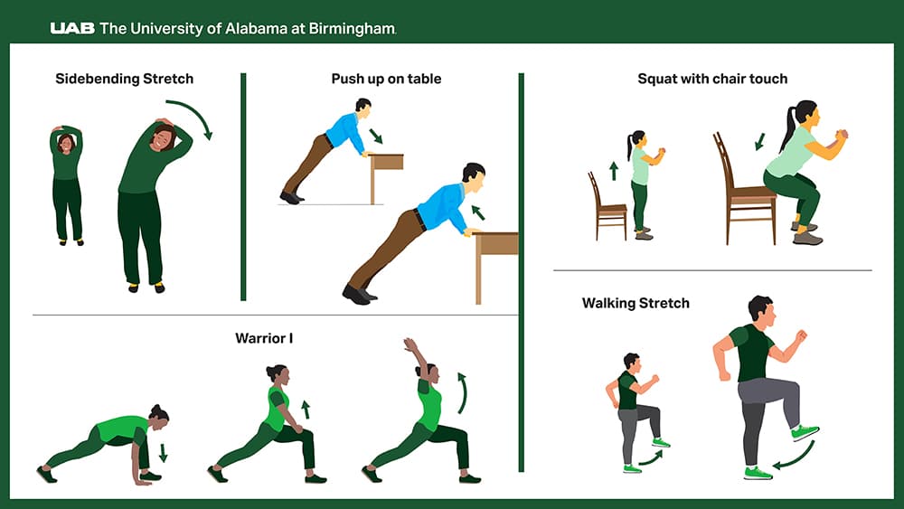 Infographic depicting exercises you can do in an office setting to improve heart health. 