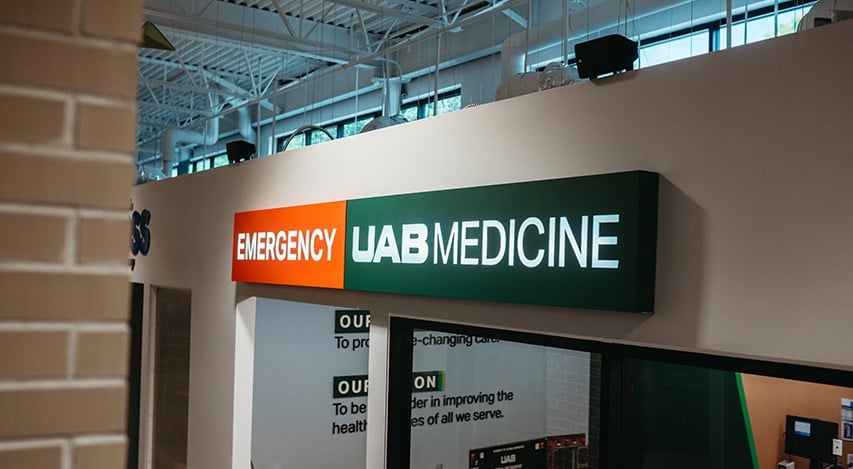 UAB Medicine Emergency Department sign on the exterior of the interactive classroom